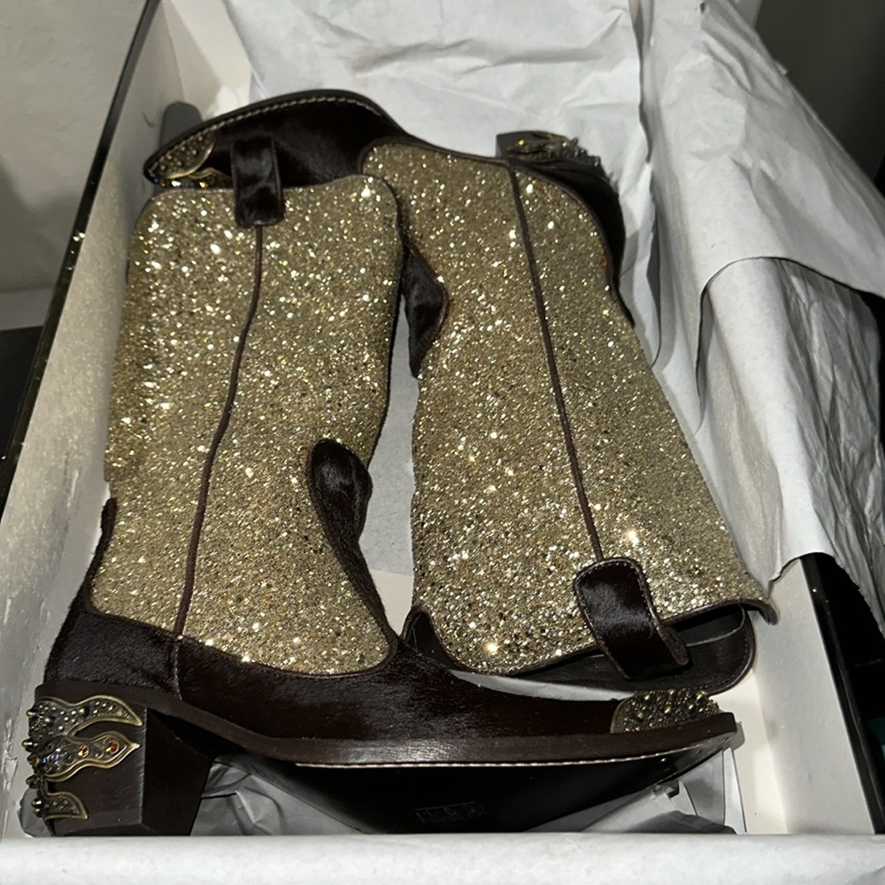 Giuseppe Zanotti Gold Sparkle and Brown Heeled Boots - Picture 2 of 6